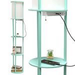 Simple Designs LF2010-AQU 62.5" Round Modern Shelf Etagere Organizer Storage Floor Lamp with 2 USB Charging Ports, 1 Charging Outlet and Linen Shade for Living Room Bedroom Office, Aqua