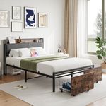 BOFENG Full Bed Frame with Upholstered Storage Headboard,Metal Platform Double Bed Frame Full Size with Charging Station and 2 Storage Drawers,No Box Spring Needed,Strong Slats Support,Brown