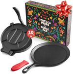 Uno Casa Cast Iron Tortilla Press 10 Inch with Cast Iron Comal Pan - Bundle of Cast Iron Tortilla Skillet for Roti Pan, Tawa Pan, Dosa Pan & Tortilla Press Pataconera