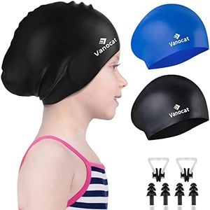 2 Pack Kids Swim Caps for Long/Short Hair, Unisex Silicone Swimming Cap for Age 3-15 Children Toddler Youth Teen, Waterproof Shower Cap Bathing Hats for Girls Boys with Ear Plugs & Nose Clip-8