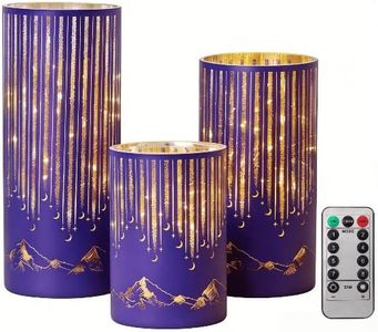 Purple Illuminated Starry Night Hurricanes - Set of 3 Decorative Glass Candle Holders with Remote & Timer, Built-in LED Flickering Lights for Table Centerpiece, Wedding, Mantle,Party, Holiday Decor