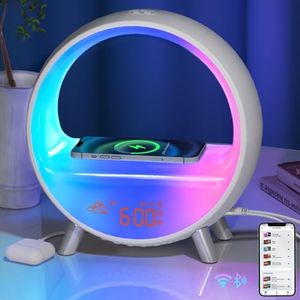 MOMILLA Smart Alarm Clock with Wireless Charging Station, Wake up Light w/Bluetooth Speaker, Compatible with Airpods/iPhone, APP Control White Noise Sound Machine, Sunrise Alarm Clocks for Bedrooms