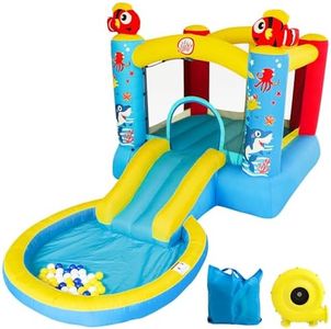 LuckyJump Hüpfburg Outdoor avec Ventilateur, Toboggan Aquatique avec bac de Récupération, Peut Accueillir 1-3 Enfants, Thème Marin (380 x 213 x 191 cm)