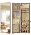 LVSOMT Wall/Door Hanging Mirror Jewelry Cabinet with LED Lights, Lockable Jewelry Armoire Organizer, Mirror with Jewelry Storage, Brown