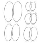 PABBEU 5Pairs Silver Hoop Earrings Large 316L Stainless Steel Earrings Lightweight Silver Earrings Hypoallergenic Big Thin Silver Earrings for Women Girls Boucle Doreille Femme 30/40/50/60/70mm