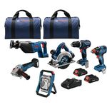 Bosch GXL18V-601B25 18V 6-Tool Combo Kit with 2-in-1 Bit/Socket Impact Driver, Hammer Drill/Driver, Reciprocating Saw, Circular Saw, Angle Grinder, Floodlight and (2) CORE18V 4.0 Ah Compact Batteries