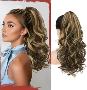 Sofeiyan Ponytail Extension Long Curly Ponytail 17 inch Claw Clip in Hair Extension Fake Pony Tail Natural Looking Synthetic Hairpiece for Women - Brunette Mixed Ash Blonde