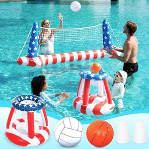 Inflatable Pool Floats Set American Flag Volleyball Net & Basketball Hoops, Swimming Pool Game Toy for Kids and Adults, Floating, Volleyball Court (105”x28”x35”)|Basketball (27”x23”x27”), Red White
