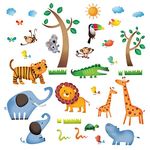 DECOWALL DW-1206 Cartoon Jungle Animals Kids Wall Stickers Safari Giraffe Tree Monkey Decals Removable Nursery Bedroom Living Room Playroom Art Decor Decoration