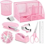 auroray Pink Desk Organizers and Accessories, Pink Office Supplies Include Mesh Desk Organizer, Tape Dispenser, Stapler, 1000 Staples, Staple Remover, Pen Holder, Clips Set, Ruler, Scissors