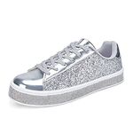 UUBARIS Women's Glitter Tennis Sneakers Neon Dressy Sparkly Sneakers Rhinestone Bling Wedding Bridal Shoes Shiny Sequin Shoes Silver Size 7.5
