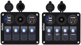Garfour 2 Pieces Waterproof Boat Rocker Switch Panel Aluminium Panel with 12V Voltmeter 3.1A Dual USB Cigarette Lighter Socket 4 Bang Boat Switch Panel for Car Boat