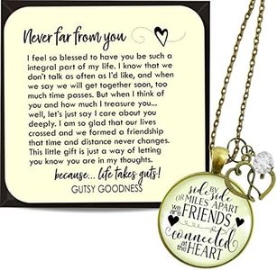 Friendship Necklace Side by Side Long Distance Boho Style Bronze Jewelry for Women Chain 36" - Handmade Glass BFF Friends Pendant, Double Heart Charm, Gift Package Meaningful Message Card & Box