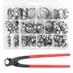 BeiLan 115Pcs 304 Stainless Steel Single Ear Hose Clamps,6-28.6mm Stepless Hose Clamps with Ear Clamp Pincer,Cinch Rings Crimp Hose Clamps Assortment Kit for Water Pipe, Plumbing and Automotive Use