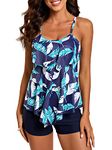 FLYILY Women 2 Piece Tankini Swimsuits Flounce Printed Top with Boyshorts Plus Size Swimwear Bathing Suit(NavyLeaf,M)