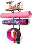 Yoga Mat Holder Wall Mount Yoga Mat Storage Home Gym Accessories with Wood Floating Shelves and 4 Hooks for Hanging Foam Roller and Resistance Bands at Fitness Class or Home Gym Carbonized Black