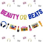 2 Pcs Hip Hop Gender Reveal Banners Funny Including Glitter Beauty or Beats Banner and Music Themed Retro Disco Garland for 90s 80s He or She, Boy or Girl Baby Shower Party Decorations