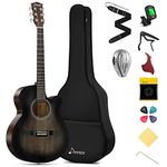 Donner Acoustic Guitar 4/4 Beginner Guitar Starter Bundle Kit 40 Inch Cutaway with Pickup Bag Tuner Capo Strap Mini Jumbo for Adult Travel Teen Right Hand Black