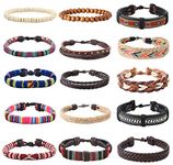 YADOCA 15 Pcs Leather Chakra Bead Tribal Bracelet(Unisex) National Charm Hand Knit Boho Hemp Wood Beaded String Bracelets for Men Women Girls Wristbands