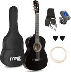 MAX SoloArt Junior 3/4 Beginner Acoustic Guitar Starter Kit, Black Wooden Childrens Guitar with Nylon Strings, Ideal Kids Musical Instrument for Learning