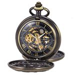 Pocket Watch Skeleton Mechanical Double Case Hand-Wind SIBOSUN Bronze Roman Numerals Antique Chain Box