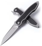 KATSU S35VN Folding Knife with Clip,Carbon Fiber Handle Pocket Knife Cleaver Razor Blade Frame Lock,Japanese Style Clip Point Blade Stonewashed Titanium Knives with Leather Sheath Camping