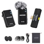 NEEWER Wireless Microphone Set for Phone with Type C Interface, Lav Mic for iPhone 15 Series Android Phone, Noise Cancelling Lapel Lavalier Microphone System, Video Recording Live Stream Podcast, KM15