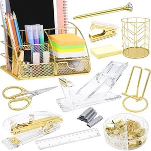 FERXIDI Gold Desk Organizers and Accessories,Office Supplies for Desk,13PS Set with Acrylic Stapler,Tape Dispenser,Staple Remover,Pen Holder,Clips,Scissor, Phone Holder,Pen