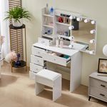 Udekoo Makeup Vanity Desk with Mirror and Lights-Brightness Adjustable, White Makeup Vanity Table with Chair and 6 Storage Drawers for Girls Bedroom