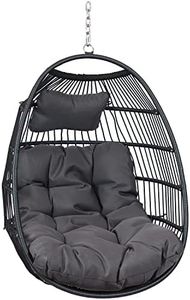 Sunnydaze Julia Hanging Egg Chair - Black Polyethylene Wicker Rattan Frame with Gray Polyester Cushions - 44 Inches Tall