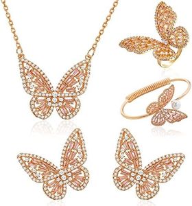 GELVTIC Women's Jewelry Sets Crystal Butterfly Earrings Necklaces for Women Cubic Zirconia White Gold Butterfly Necklace Ring Bangle Bracelet Birthday Anniversary Valentines Mother's Day Jewelry Gifts for Mom Bridesmaid Wife Sister Friend (95 Golden Pink-Earrings+Necklace+Bangle+Ring)