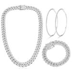 YADOCA Cuban Link Chain for Women Men Thick Diamond Iced Out Miami Cuban Link Chain Necklace Bracelet Rhinestone Big Hoop Earrings Bling Hip Hop Jewelry Set Silver Tone 15mm 18inch