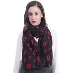 Lina & Lily Lips Kiss Print Women's Scarf Shawl Wrap Lightweight (Black & Red)