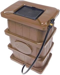 FCMP Outdoor Wood Grain 45-Gallon Rain Barrel - Water Rain Catcher Barrel with Flat Back for Watering Outdoor Plants, Gardens, and Landscapes, Brown