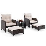 COSTWAY 5 PCS Garden Rattan Furniture Set, Patio Conversation Set with 2 Chairs, Cushions, 2-Tier Coffee Table and 2 Ottomans, All-Weather Outdoor Wicker Sofa Set for Yard Lawn