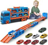 HSEONEJIA Toddler Transport Truck Toy for 2 3 4 5 6 Years Old Boys, 64-Inch Foldable Car Race Track for Boys Kids, 9 in 1 Die-Cast Car Carrier Truck Toy for Boys and Girls Gift