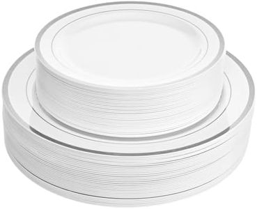 Aya's Cutlery Kingdom 100 White Plastic Plates Disposable with Silver Trim, 50 Plastic Dinner Plates 10.25" + 50 Salad, Dessert, Appetizer Plates 7.5" - Premium Elegant Heavy-Duty Plastic Party Plate