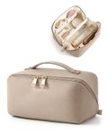 BAGSMART Travel Makeup Bag, Flat Lay Make Up Case, PU Leather Waterpoof Cosmetic Organiser with Clear Pocket for Brushes, Small Toiletry Bag with Handle, Essential for Women, Camel