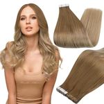 Full Shine Tape in Human Hair Extensions for Women 16 Inch Seamless Adhesive PU Tape in Extensions Balayage Color 10/14 Bronze Blonde Real Hair 50 Grams 20 Pieces