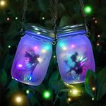 MLOQI Fairy Garden Ornaments Outdoor 2 Pack Solar Fairy Lights Glass Mason Jar LED Hanging Lamp for Fairy Garden Accessories Halloween Decorations Christmas Xmas Gifts for Kid Adult(Multicolor