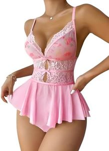 Lilosy Sexy Bows Floral Lace Mesh Babydoll Lingerie Sleepwear Romper, Pure Pink, Medium