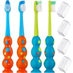 Kids Toothbrush 4 Pack - Soft Contoured Bristles - Child Sized Brush Heads (3-10 Year Old) - Suction Cup for Fun & Easy Storage - Girl & Boy Set (Blue & Orange)