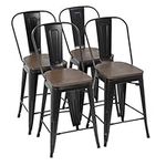 FDW Metal Bar Stool Set of 4 Counter Height Barstool with Back 24 Inches Wood Seat Height Industrial Bar Chairs Patio Stool Stackable Modern Kitchen Stool Indoor Outdoor Kitchen Stools (Black)