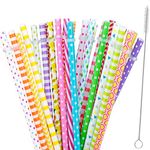 JANYUN 30 Pieces Reusable Straws,BPA-Free,9" Colorful Printing Hard Platic Stripe Drinking Straw for Mason Jar Tumbler,Family or Party Use,Cleaning Brush Included