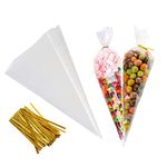 Cone Bags, 100 Pcs Transparent Candy Bags with Golden Twist Ties, 15 Inch Triangle Goody Bags for Party, Treat Bags Popcorn Bags, Clear Cellophane Bags for Packaging Chocolate Cookies Biscuit