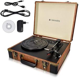 Navaris Platine Vinyle Tourne-Disque - 33/45/78 Tours - 2X Haut-Parleur intégré - Conversion Vinyle vers MP3 - Valise rétro Marron Noire