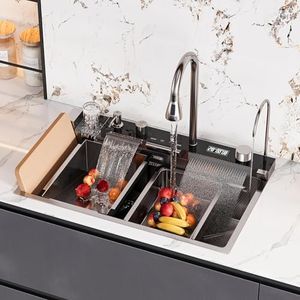 29-Inch Kitchen Sink with Cup Washer, Smart Multifunction Stainless Steel Undermount Sink with Pull-Down Faucet,Cutting Board,Draining Rack,Copper Valve,Precision Brushed Water Electroplating,Black