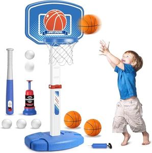 Erixazs Panier Basket Enfant & T Boule Ensemble，Panier de Basket à Hauteur Réglable pour Intérieur Extérieur，Tee Ball Set Jouets de Sport pour Enfants Garçons Filles