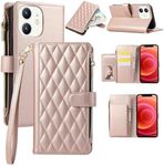 Boyobacase for iPhone 12 Mini Wallet Case,for iPhone 12 Mini Case, PU Leather Wallet Flip Cover Stand Feature[6 Card Slots] [1 Cash Pocket] [1 Zipper Coin Pocket] with Wrist Strap-Rose Gold