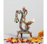 Two Moustaches Gemstone Work Ethnic Carved Peacock Design Brass Diya with Bell, Brass Antique Oil Lamp, Brass Diyas for Home, Size - 8 Inches, Standard, Pack of 1